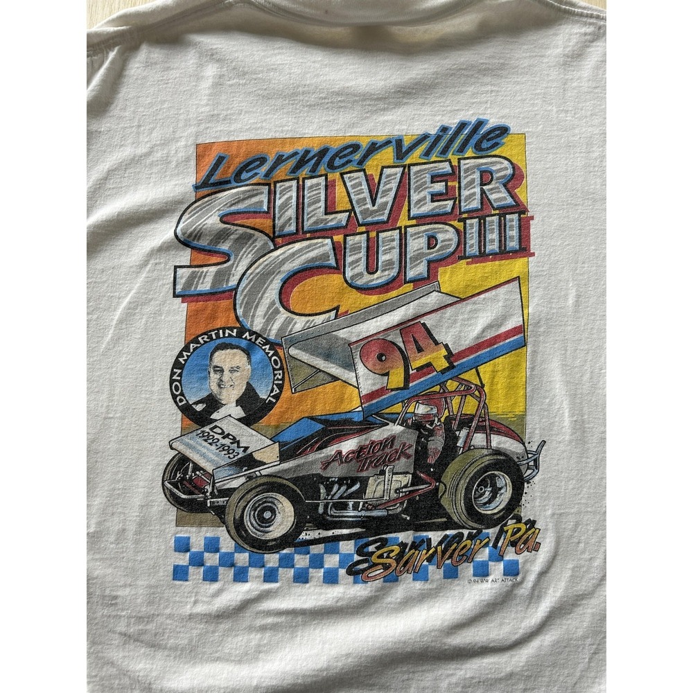 Vintage 90s Jerzees Shirt Mens XL White Lernerville Silver Cup 94 Racing Tee - Picture 4 of 7